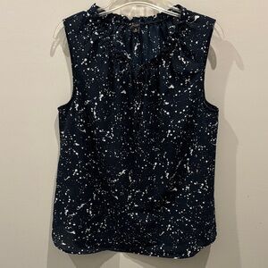 Ann Taylor Navy and White Splatter Blouse Button Detail &Subtle Ruffle Neckline